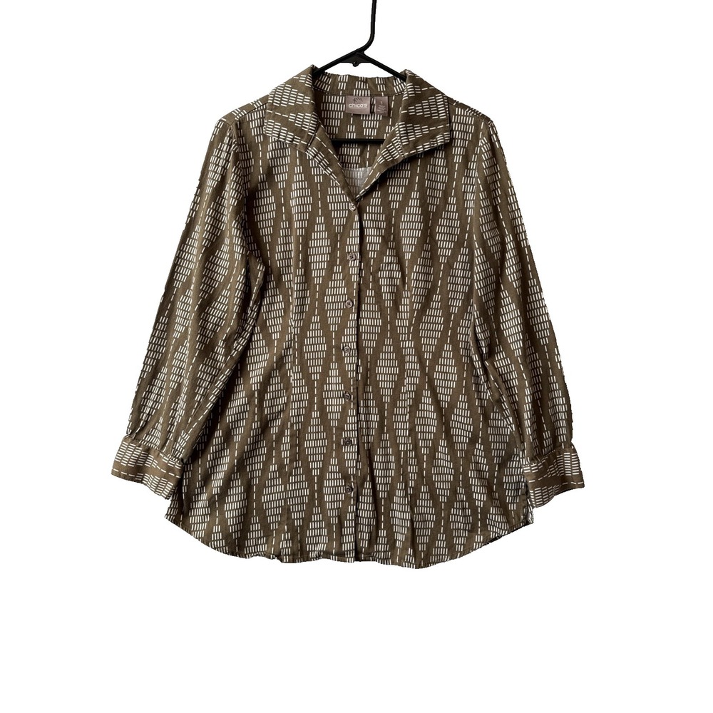 Chico's Olive Green Cotton Stretch Button Up Tunic Top Size 1,‎ US Med Boho Chic